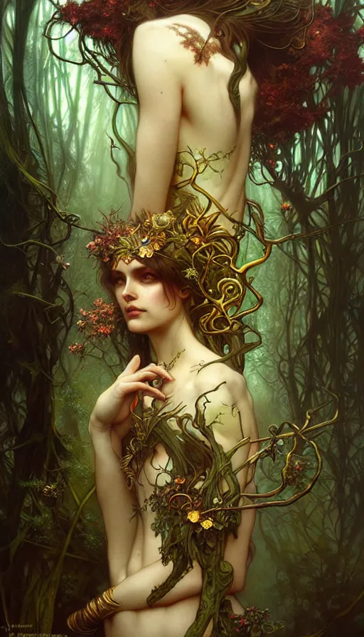 Image similar to consciousness concept art, lush forest, magic, gnarly details, gold, gems, dramatic lighting, denoised, painted by tom bagshaw, alphonse mucha