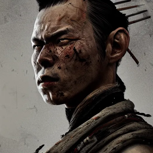 Image similar to Sickly diseased dying Samurai warrior, portrait by Cedric Peyravernay, highly detailed, excellent composition, cinematic concept art, dramatic lighting, trending on ArtStation