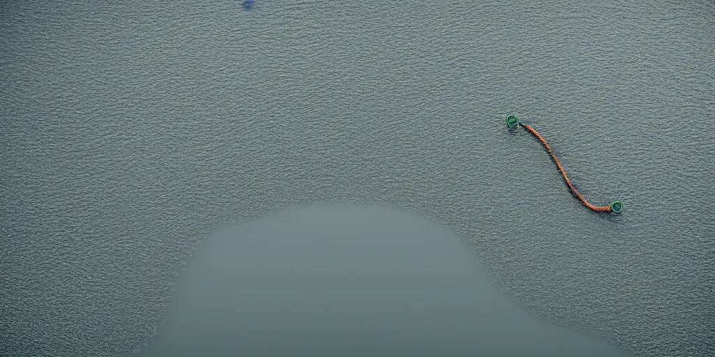 Prompt: an infinitely long rope floating to surface of water snaking zig zag in the center of the lake, overcast lake, 2 4 mm leica anamorphic lens, moody scene, stunning composition, hyper detailed, color kodak film stock