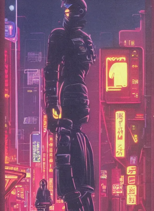 Image similar to 1979 OMNI Magazine Cover of a raven hacker punk in street level neo-Tokyo in cyberpunk 2020 style by Vincent Di Fate