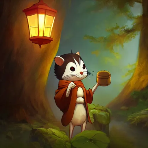 Image similar to concept art painting of an luffy chipmunk wearing a yellow cloak, holding a lantern, in the deep forest, realistic, detailed, cel shaded, in the style of makoto shinkai and greg rutkowski and james gurney