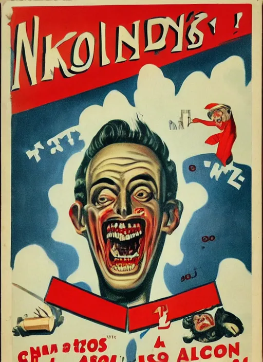 Image similar to creepy Nikolai Belinski with a scary comically large smile, 1940s scare tactic propaganda art