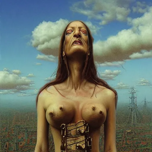 Image similar to a hyperrealistic painting of a steampunk uma thurman, blue skies, by john kenn mortensen and zdzislaw beksinski, highly detailed, vivid color,