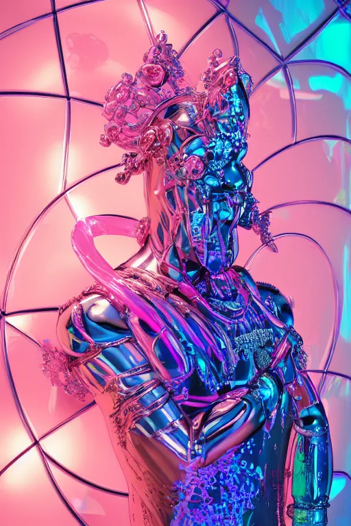 Prompt: hyper detailed ultra sharp fullbody photo of baroque and cyberpunk transparent pink ceramic sculpture of a muscular seductive muscular italian guido feeling muy cachondo, muy dotado, iridescent humanoid deity wearing pink plastic seethrough cloak, holding a rainbow tiger gem, blue diamond, glowing pink face, crown of white diamonds, cinematic lighting, photorealistic, octane render 8 k