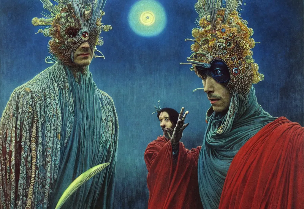 Image similar to realistic detailed portrait movie shot of a birdman wearing dark robes, sci fi city landscape background by denis villeneuve, amano, yves tanguy, alphonse mucha, ernst haeckel, max ernst, roger dean, masterpiece, rich moody colours, blue eyes, mysterious