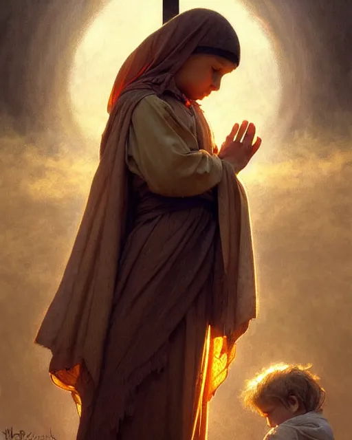 Prompt: poor hungry kid praying to a cross, emotional sad painting, very poor, cross, christianity, fantasy, cruel, dramatic lighting, intricate, wild, highly detailed, digital painting, artstation, concept art, smooth, sharp focus, illustration, art by artgerm and greg rutkowski and alphonse mucha