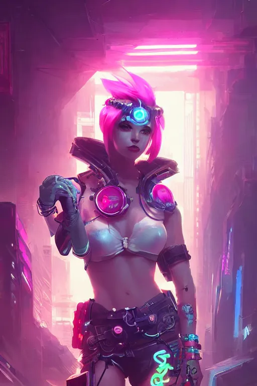 Prompt: vi from league of legends, cyberpunk futuristic neon. decorated with traditional japanese ornaments by ismail inceoglu dragan bibin hans thoma greg rutkowski alexandros pyromallis nekro rene maritte illustrated, perfect face, fine details, realistic shaded, fine - face, pretty face