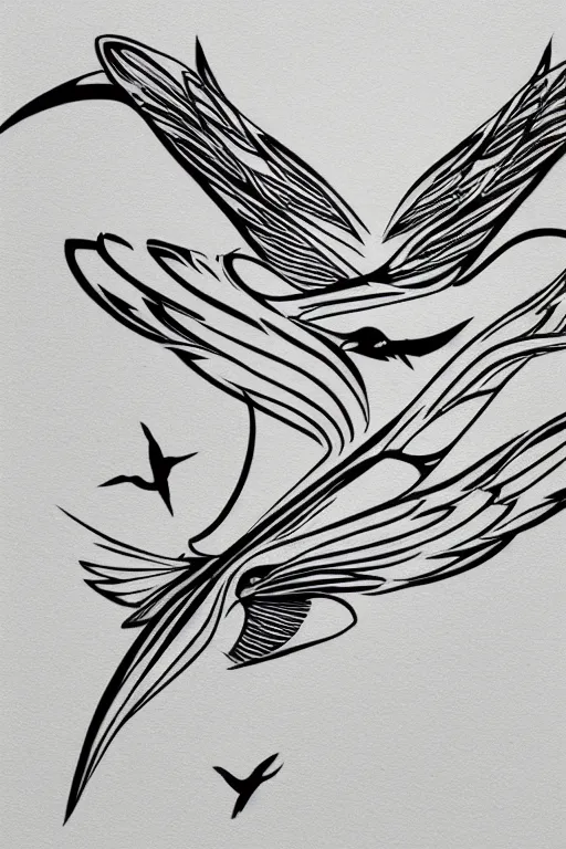 Image similar to a simple tattoo design of swallows flying into lines and basic shapes, black ink, abstract logo, line art