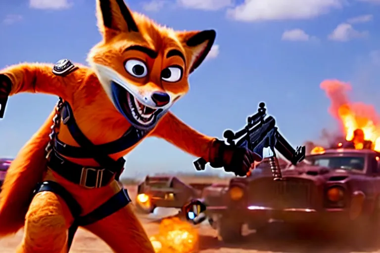 Image similar to nick wilde, heavily armed and armored facing down armageddon in a dark and gritty reboot from the makers of mad max : fury road : witness me