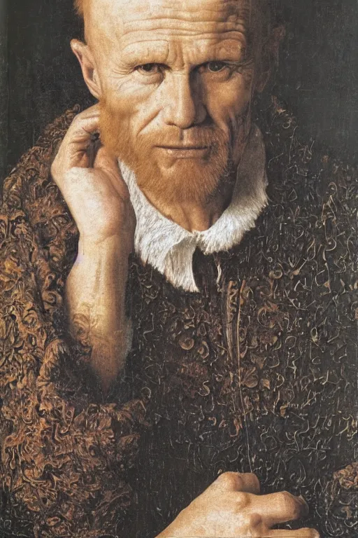 Image similar to portrait of ed harris, oil painting by jan van eyck, northern renaissance art, oil on canvas, wet - on - wet technique, realistic, expressive emotions, intricate textures, illusionistic detail