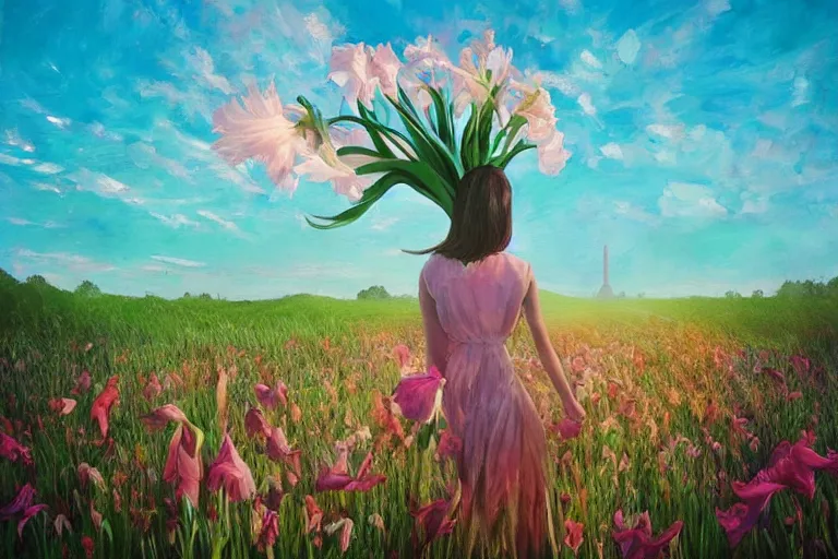 Image similar to giant gladiola head, girl walking in field of flowers, surreal photography, sunrise, blue sky, dramatic light, impressionist painting, digital painting, artstation, simon stalenhag