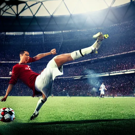 Image similar to ronaldo kicking a cat like a football in a stadium filled with people, taken by a sport's camera, depth of field, sun flare.