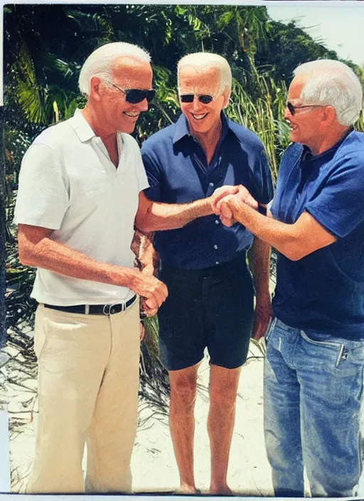 Prompt: candid polaroid of Jeffery Epstein! shaking hands with Joe Biden!, real, at beach. Smiling, holding ice cream.