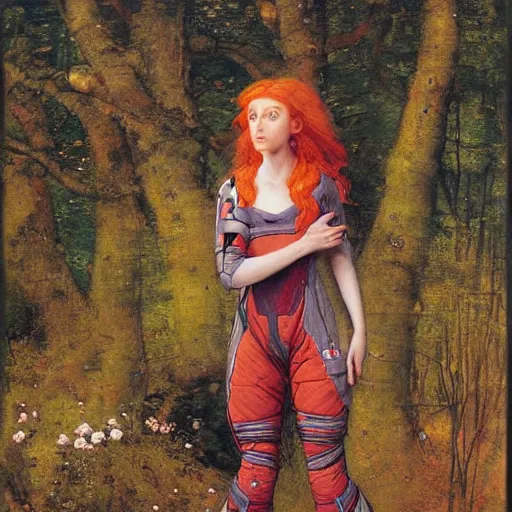 Image similar to beautiful female elf with auburn hair in a feminine spacesuit, aloof in the forest at dusk, by Edgar Maxence and Ross Tran and Michael Whelan and Gustav Klimpt