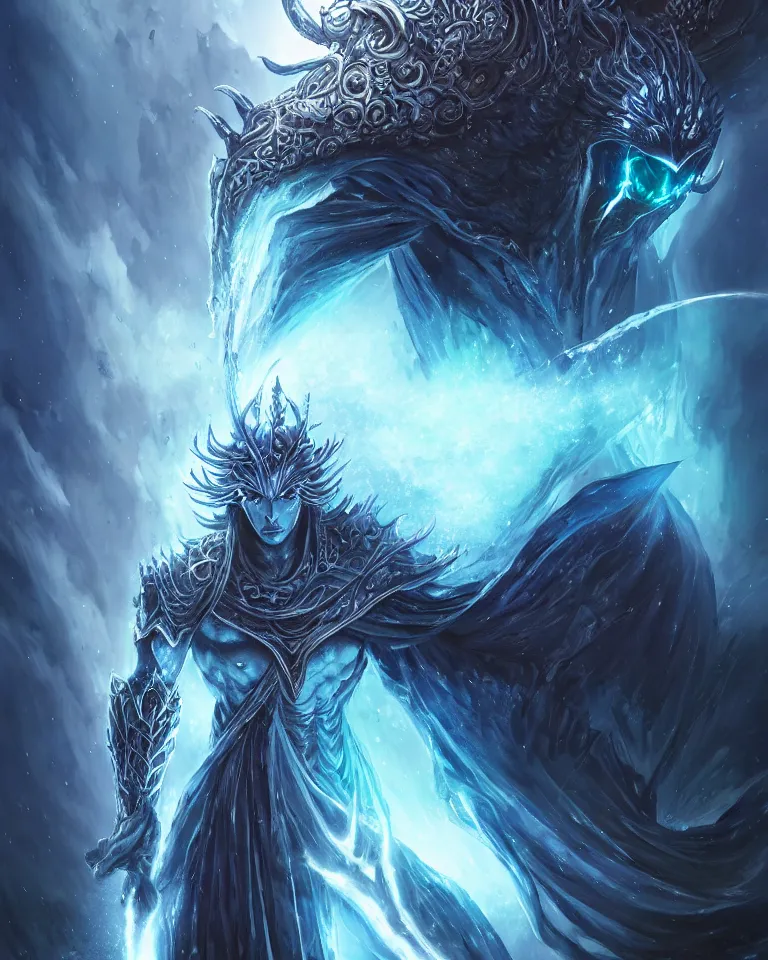 Image similar to beautiful cinematic fantasy poster, one individual demon king of water, beautiful glowing galaxy eyes, hybrid from The Elden Ring and art direction by Darius Zawadzki ;by artgerm; wayne reynolds art station; cinematic quality character render; low angle; ultra high quality model; production quality cinema model;