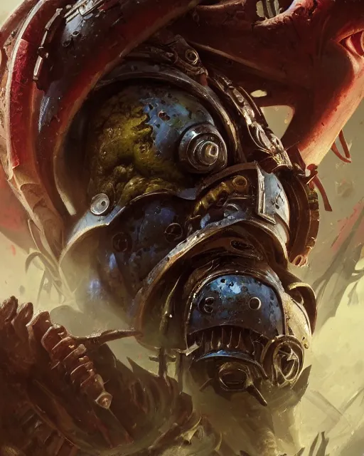 Image similar to hyper realistic portrait of heroic warhammer android head, cinematic, chaos marine, khorne tzeentch nurgle slaanesh, artstation, cgsociety, full head and shoulders, greg rutkowski, james gurney, mignola, craig mullins, brom