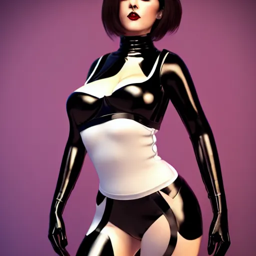 Image similar to a curvy feminine young hot pale goth cutie wearing an elegant elaborate tight latex-nylon-leather outfit, cgsociety, photorealistic, sublime-hyperadvanced-seductive ambience, 16k, smooth, sharp focus, trending on ArtStation, volumetric lighting, thin waist, fully clothed