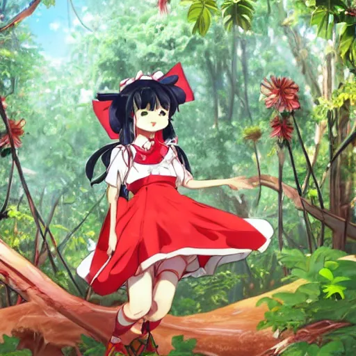 Image similar to a sakuga of reimu in the jungle wearing bonnet