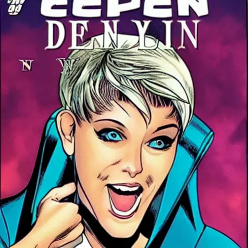 Image similar to comic book cover from 1998, super villain Ellen DeGeneres