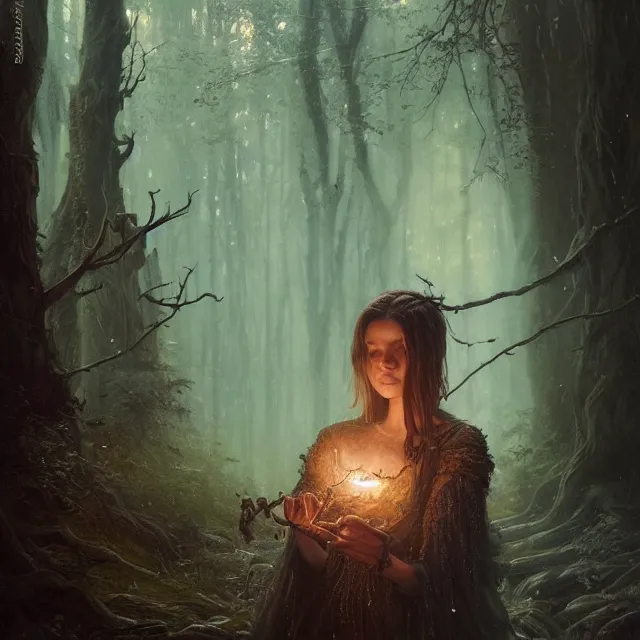 Image similar to close up portrait of a beautiful female witch casting a spell, magical forest background fantasy atmosphere. art by greg rutkowski. highly detailed, intricate, lifelike. sci - fi, fantasy, magical, nikon d 8 5 0.