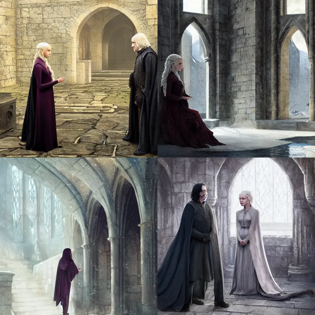 Prompt: daenerys targaryen talks to severus snape in hogwarts, highly detailed, sharp focus, art by greg rutkowski