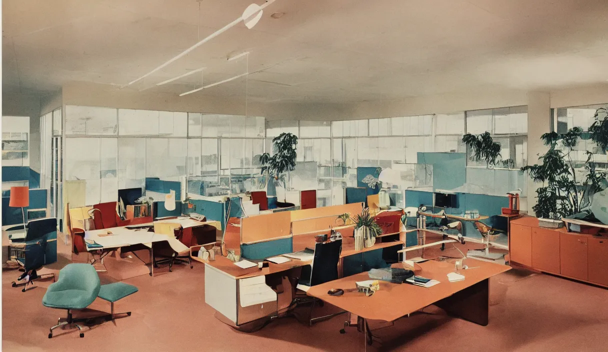 Image similar to a 7 0 s prisunic catalog with the indoor office of severance series ( 2 0 2 2 ), in color