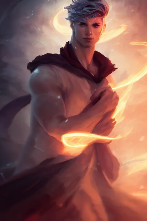 Prompt: a human elemental sorcerer, blurred environment background, epic magic effects, white skin, chest up, portrait, male, sharp focus, digital art, concept art, post processed, dynamic lighting, by emylie boivin and rossdraws