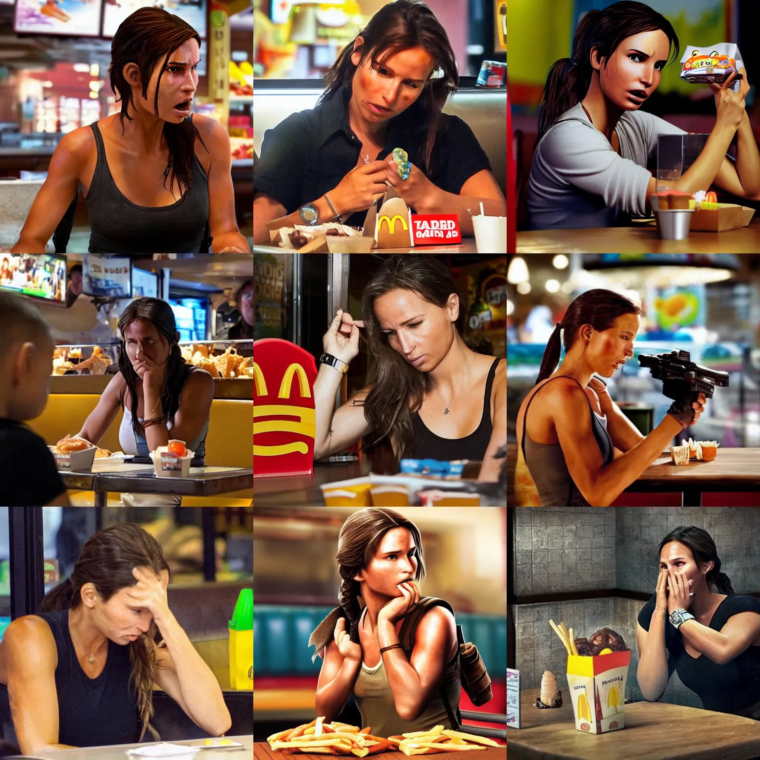 Prompt: a paparazzi photo of Lara Croft crying at a booth at McDonald's, there is a Happy Meal on the table, adult, sad, tears, wide angle, realistic, 8k