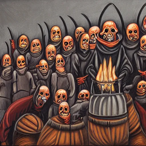 Prompt: several hooded disciples in purge masks, gathered in a brutalist courtyard, performing incantations over a fire in a barrel, by PJ Crook, oil on canvas