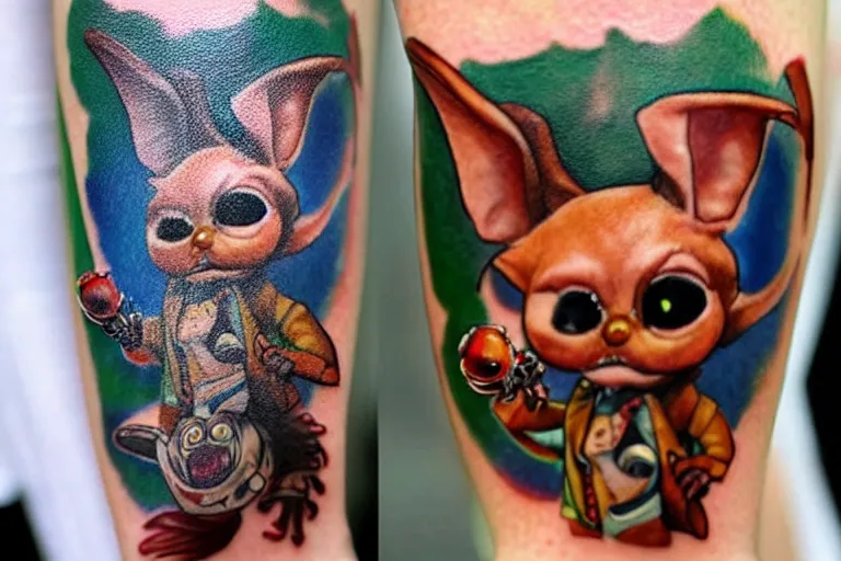 Image similar to a cute hyper realistic tattoo of gizmo from the movie gremlins wearing a wedding suit and looking happy in the style of sailor jerry. new school tattoo, tattoo, dslr