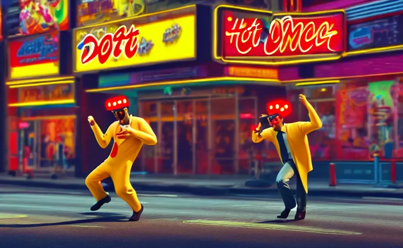 Image similar to hot dog man dancing on a street corner, cyberpunk, detailed, 4 k