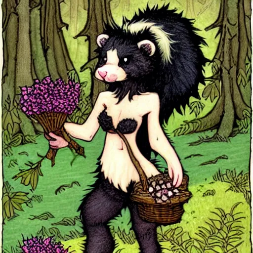 Prompt: A cute plush-furred skunk-girl Herbalist collecting flowers in the forest. Absurdly-detailed fantasy character illustration by Rebecca Guay and Wayne Reynolds