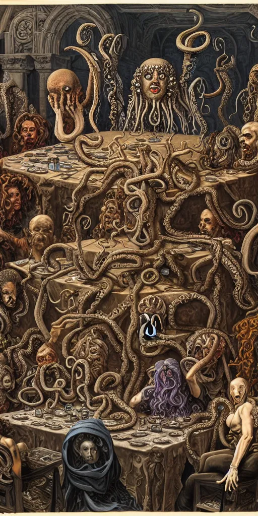 Image similar to group of mages with human bodies and octopus heads and group of mages with medusa heads sitting near the table and arguing in an ancient mage castle with enormous scale, gothic and baroque, brutalist architecture, ultradetailed, Intricate by James Jean and Josan Gonzalez and John Howe and Giuseppe Arcimboldo