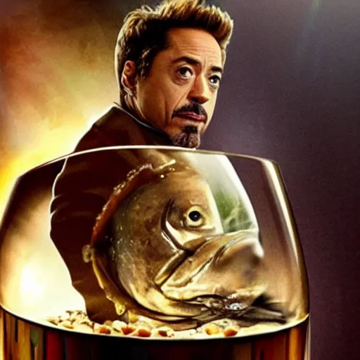 Prompt: robert downey jr with his head in a fish bowl, cinematic still