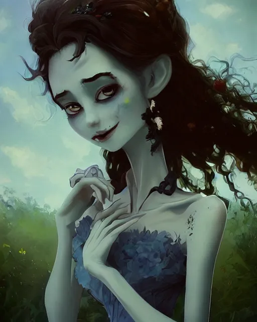 Prompt: elegant mysterious solemn zombie victoria everglot from the corpse bride, portrait, illustration, rim light, top light, summer clear blue sky, perfectly shaded, soft painting, art by krenz cushart and wenjun lin