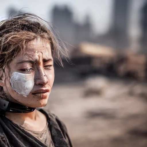 Image similar to photographic portrait of a poor techwear woman holding back tears, a futuristic shanty town burns in the background, closeup, sigma 85mm f/1.4, 4k, depth of field, high resolution, 4k, 8k, hd, full color