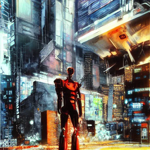 Prompt: a full-metal neon robot sobs when seeing the devastation of cyberpunk Santiago of Chile, oil on canvas by Yoji Shinkawa and Dave McKean