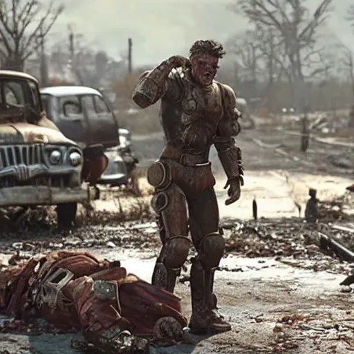 Prompt: fallout 4 movie still, a raider crying over roadkill,