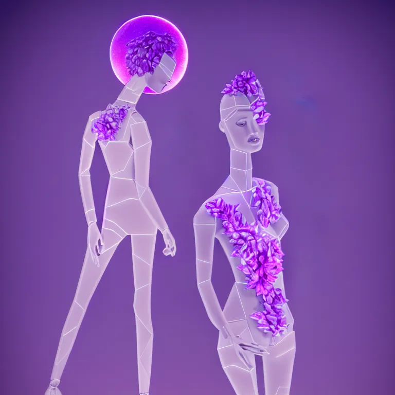 Image similar to beautiful mannequin sculpted out of amethyst by billelis + lit with 3 d geometric neon + doorway opening with neon pink geometric light + hosta flowers!!!, moon in background!!!!!!, rule of thirds, clean linework, dramatic, award winning, 4 k, trending on artstation, photorealistic, volumetric lighting, octane render