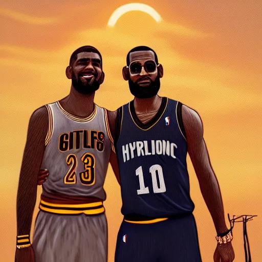 Image similar to beautiful serene intricate portrait of kyrie irving and lebron james taking a selfie, smiling softly, relaxing on the beach, golden hour, soft focus, 8 k, art by irakli nadar, hyperrealism, hyperdetailed, ultra realistic