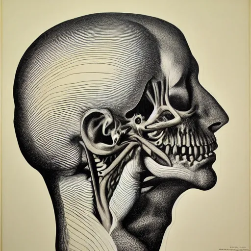 Image similar to surreal head anatomical atlas dissection center cut, lithography on paper conceptual figurative ( post - morden ) monumental dynamic soft shadow portrait drawn by hogarth and escher, inspired by goya, illusion surreal art, highly conceptual figurative art, intricate detailed illustration, controversial poster art, polish poster art, geometrical drawings, no blur