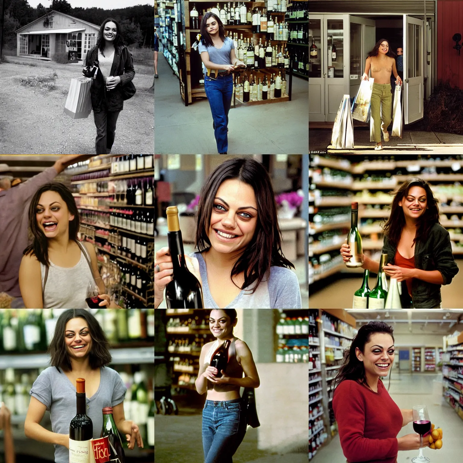 Prompt: face portrait of laughing Mila Kunis walking out of the grocery store holding bottles of wine, Gregory Crewdson, Joel Sternfeld