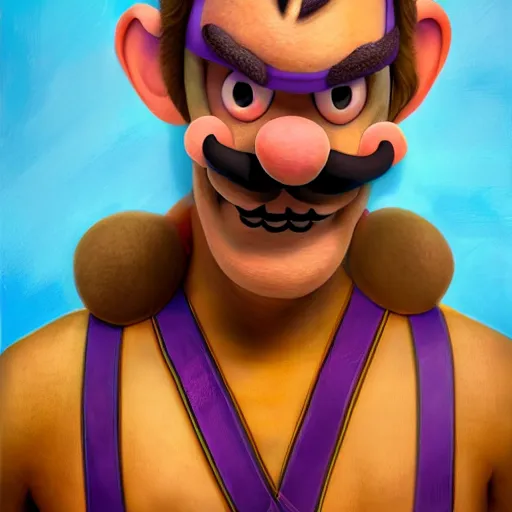 Image similar to highly detailed full body portrait of Waluigi wearing a mankini, digital art, concept art, character art, cinematic lightning, bright colors, intricate, masterpiece, photorealistic, hiperrealistic, sharp focus, high contrast, Artstation HQ, DeviantArt trending, 4k UHD, Unreal Engine 5