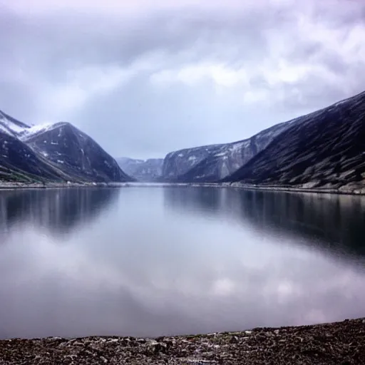 Image similar to a fjord in kazakhstan with a large satanic damn at the end of it. grainy, surreal, overcast sky.