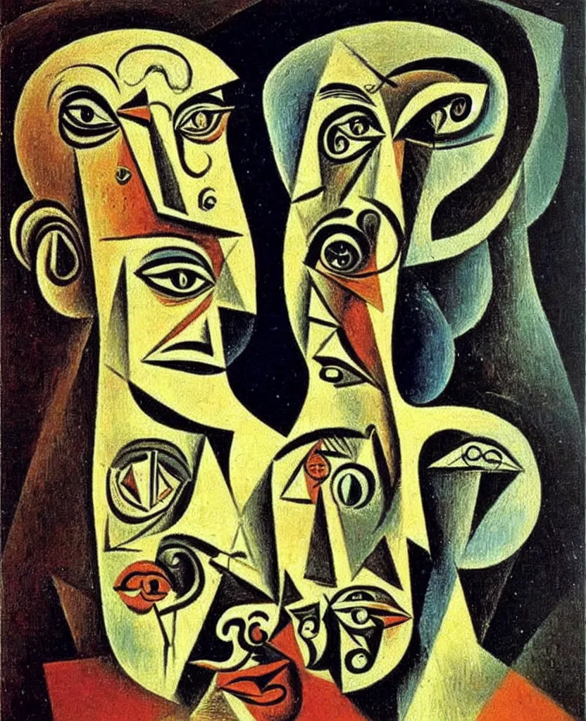 Prompt: achingly beautiful oil painting of a multi - dimensional supreme intelligence. picasso, dali.