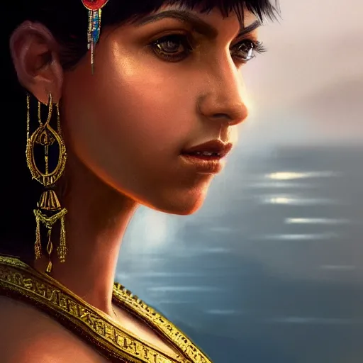 Image similar to closeup portrait of a young mia kunis as cleopatra, palace background, dramatic light, gorgeous view, depth, high detail, digital art, painted by greg rutkowski, trending on artstation