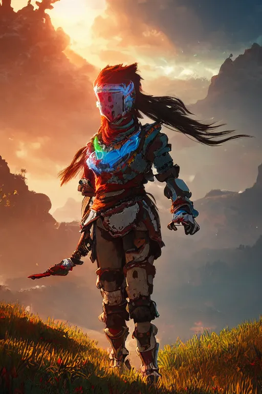 Image similar to combination suit armor aloy horizon forbidden west horizon zero dawn radiating a glowing aura global illumination ray tracing hdr fanart arstation by ian pesty and alena aenami artworks in 4 k tribal robot ninja mask helmet backpack