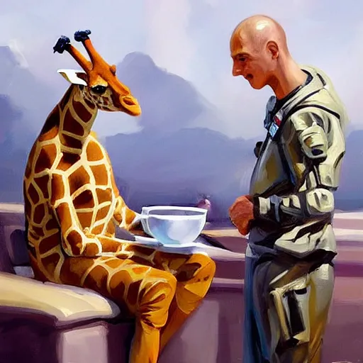 Image similar to a giraffe astronaut drinking tea with queen isabel, trending on artstation, art by greg manchess, guangjian, detailed digital art, artstation hd