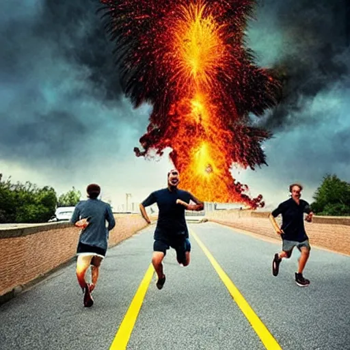 Prompt: “Excited-looking men running from a powerful explosion in a concrete setting”