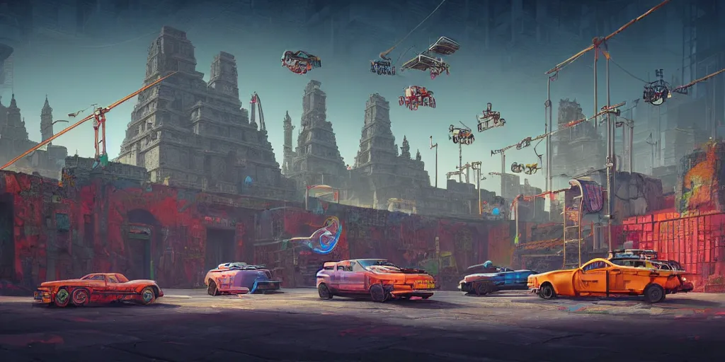 Image similar to hyperrealistic matte painting of aztec temples in a future environment with flying cars, mechanical features and neon, graffiti, scaffolding, smog, destruction by filip hodas, beeple, 4 k, trending on cgsociety